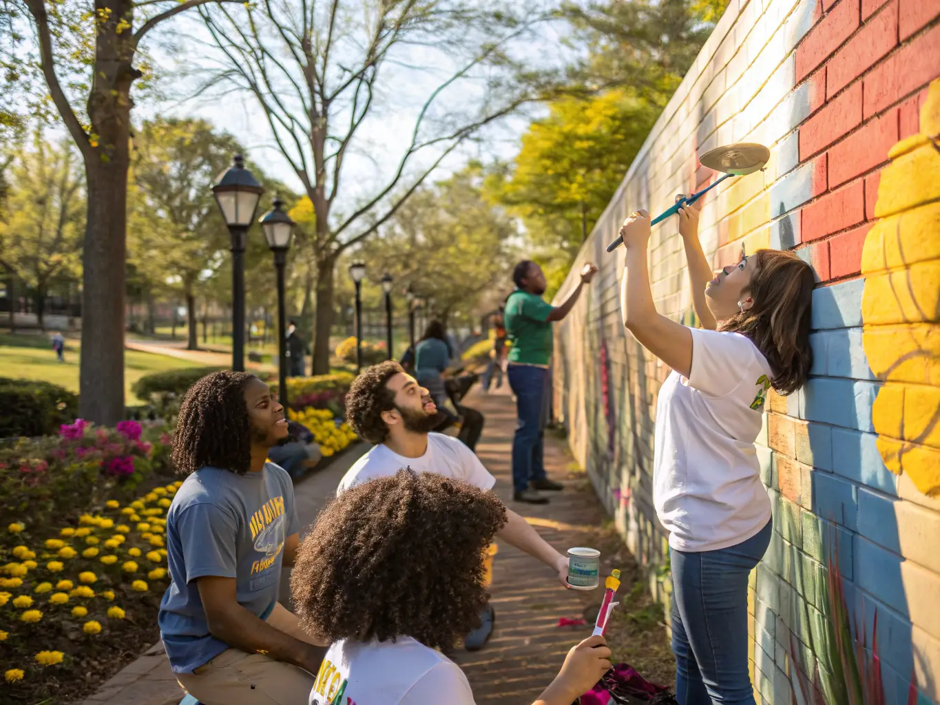 A vibrant photograph of a community mural project in progress, with local residents collaborating to create a large-scale artwork in a public space. The image should capture the spirit of community involvement and the transformative power of art.