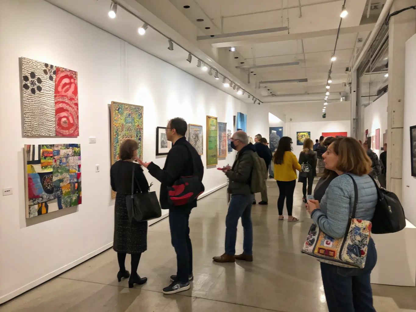 A dynamic image of an art exhibition organized by COLLECTIF TENDRE DÉSORDRE, showcasing various art forms and attracting a diverse audience. The scene should highlight the organization's commitment to promoting artistic innovation and cultural dialogue.