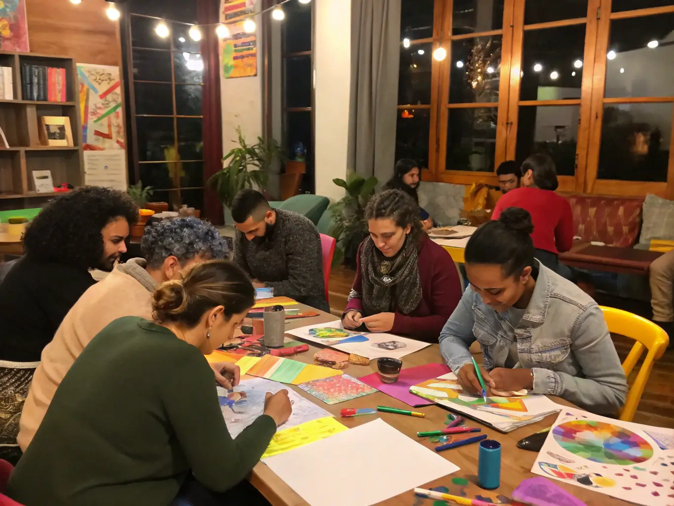 A photograph capturing a diverse group of participants engaged in a collaborative art project during one of COLLECTIF TENDRE DÉSORDRE's community workshops. The image should convey a sense of creativity, collaboration, and social engagement.
